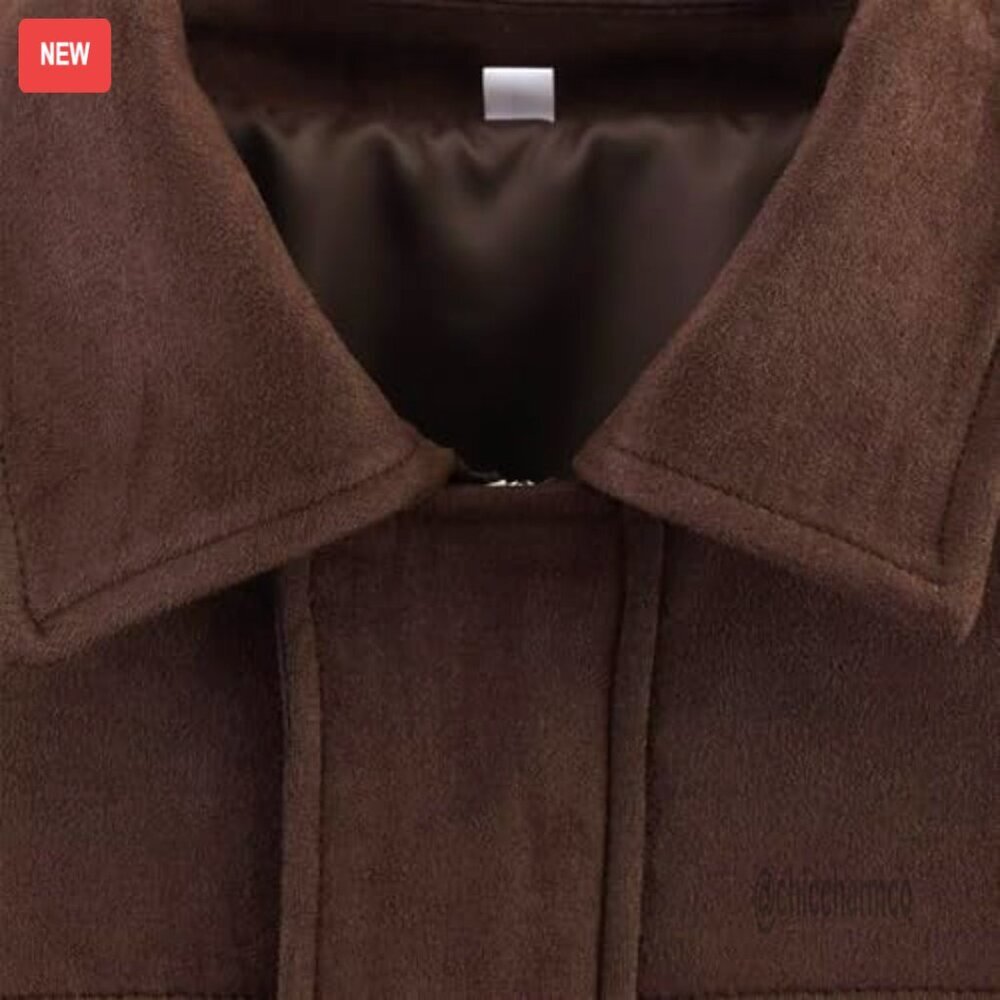 Faux Suede Bomber Jacket Women Oversized Zip Up Casual Coat Long Sleeve - Picture 5 of 7